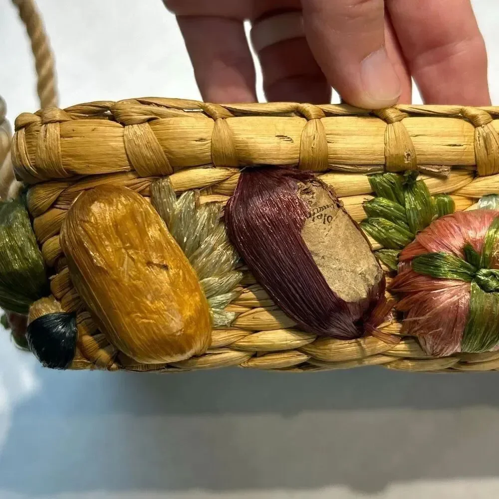 Vtg Woven Straw Lined Basket with 3D Fruit on Sides Phillipines Handmade Boho